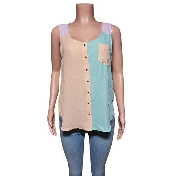 Piercing sleeveless polyester button down multicolor t-shirt L - Picture 2 of 4